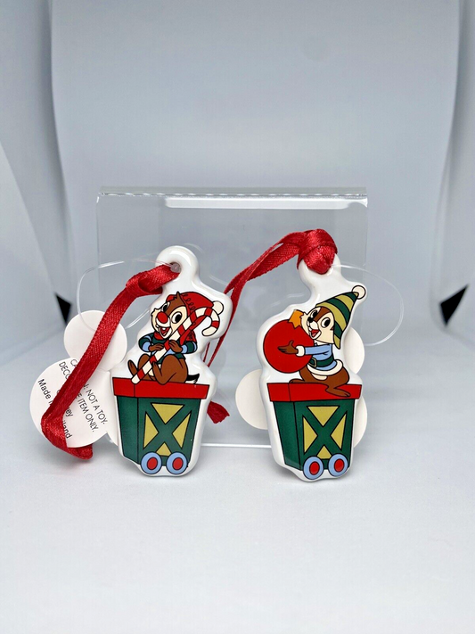 Disney Parks Chip & Dale on Train Keepsake Ornament Ornaments Set of 2 Mini NEW