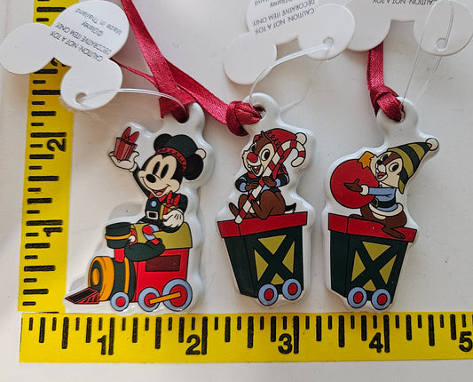 Disney Parks Mickey - Chip & Dale on Train Keepsake Ornament Ornaments Set of 3 Mini NEW
