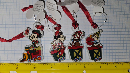 Disney Parks Mickey & Minnie - Chip & Dale on Train Keepsake Ornament Ornaments Set of 4 Mini NEW with Tags