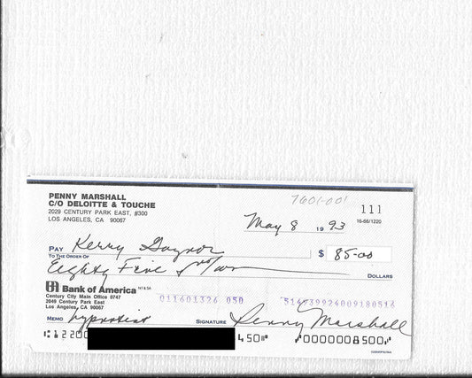 Penny Marshall On a Cancelled bank Check autograph Blue-ink