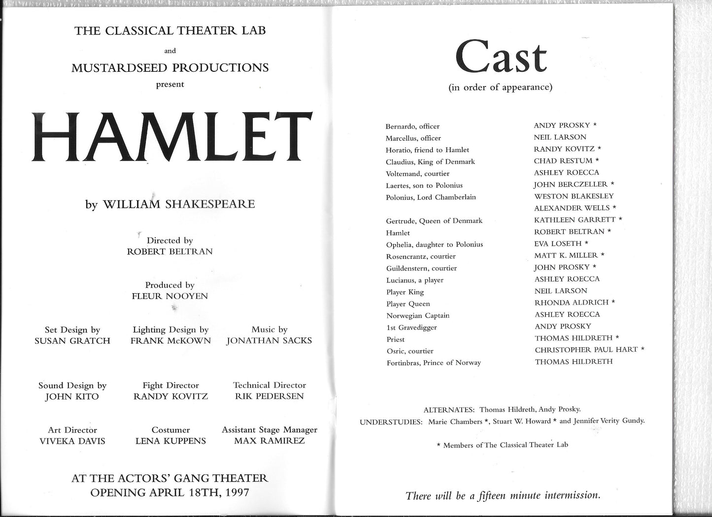 Hamlet protray by Robert Beltran (april 1997) Playbill