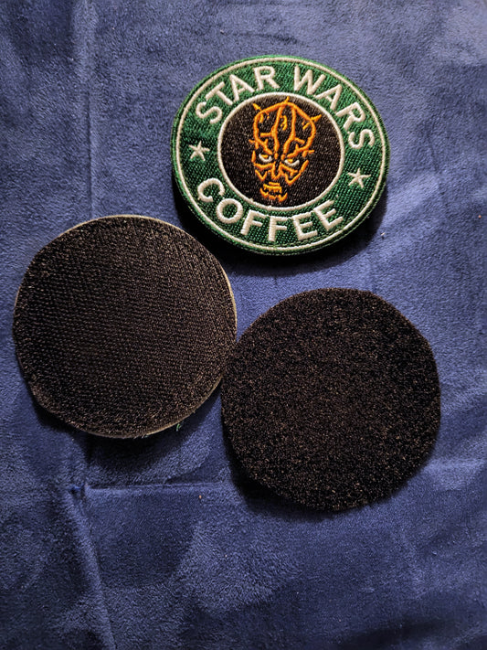 Star Wars Coffee with Darth Maul Embroidered Patch, NEW 3 inch round hook and loop type