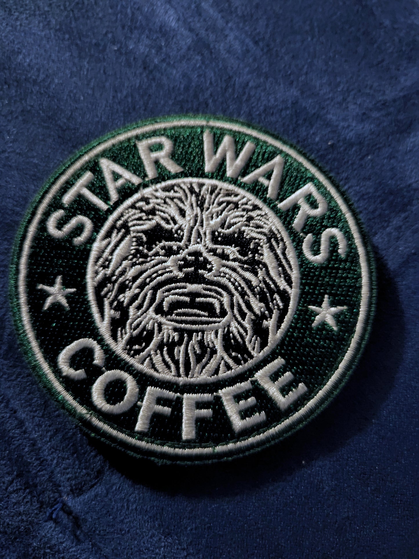 Star Wars Coffee with Chewie Embroidered Patch, NEW 3 inch round hook and loop type