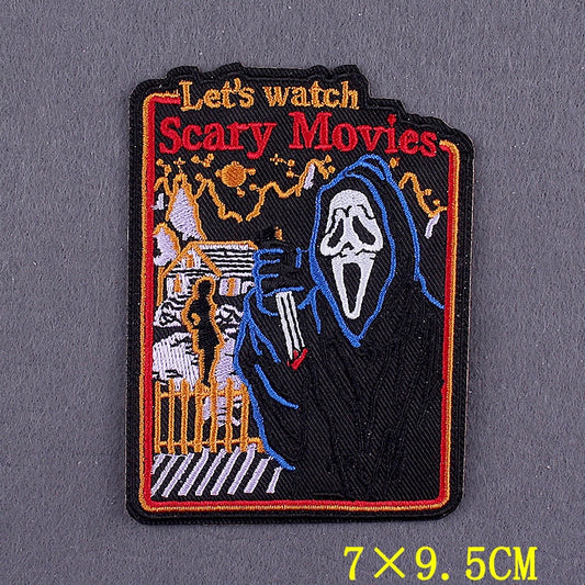 Pop-Culture of "Let's Watch Scary Movies" Embroidered Patch, NEW 7cm x 9.5cm roughly